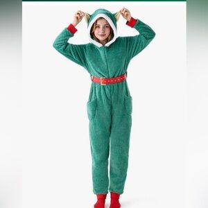 NWOT Cozy Teal Hooded Sherpa Pajama Onesie with Red Accents